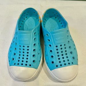 Blue, white and orange Native kids slip-ons